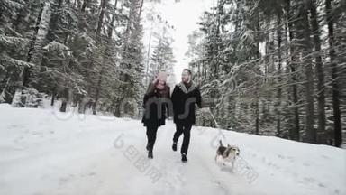 年轻漂亮的夫妇在冬天的森林里和<strong>一</strong>只狗玩。 男人和女人在森林里和比格<strong>一起跑</strong>步。