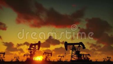 在日落时分，用于石油的千斤顶工业机器。 水泵千斤顶在红天上抽油的剪影。