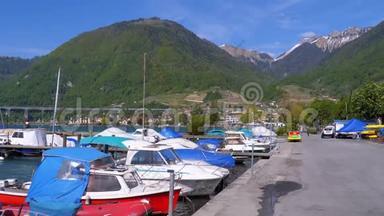 瑞士蒙特勒日内瓦湖港口停泊的船只、船只、游艇