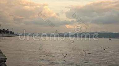 博斯普鲁斯海峡的海景，可以看到7月15<strong>日烈士</strong>桥在<strong>日</strong>落的背景下多云的天空。