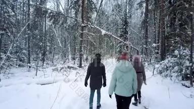 朋友们周末可以在冬天的森林里散步
