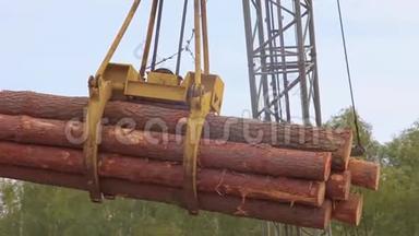 吊车搬运的一堆原木，特写.. 一堆原木悬浮在空中.. 用挖掘机捕捉森林