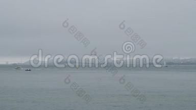 旧金山天际线和旧金山奥克兰湾大桥的雾状景色，船和鸟经过这里