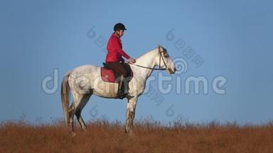 女孩骑着马，在田野里拥抱。 慢动作。 侧视图
