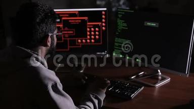 阿拉伯语IT专家晚上在电脑上工作。 黑客破坏了计算机代码。