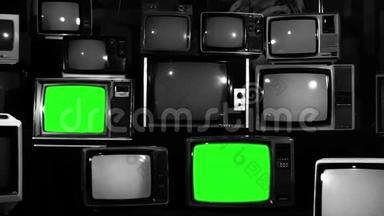 80带绿色屏幕的STV。 放大。 黑白色调。