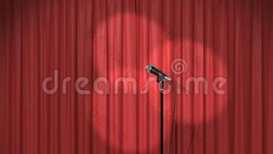 美丽的红色窗帘与聚光灯和麦克风在舞台上，无缝循环三维动画。 4K
