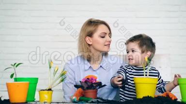 幼苗的概念。 <strong>妈妈</strong>和儿子在彩色花盆里种花。 一个小男孩<strong>帮</strong>助<strong>妈妈</strong>种花。