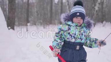 一个小孩在冬天的公园里玩雪.. 阳光明媚的冬天`白天。 新鲜空气中的乐趣和游戏。