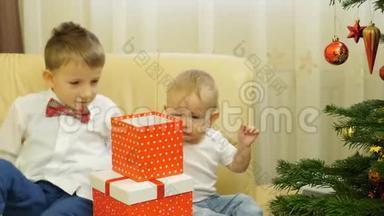 <strong>宝贝</strong>和哥哥在装饰好的圣诞树旁寻找礼物盒，大孩子拿<strong>玩具</strong>熊<strong>玩具</strong>礼物