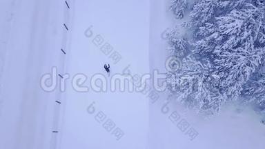 在美丽的蓝松树的雪覆盖滑雪道上进行无法辨认的男女滑雪者训练的空中观看视频