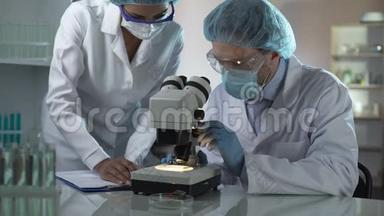医学研究人员轮流看显微镜并做笔记，实验室