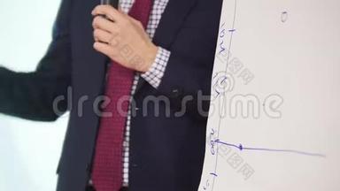 商业会议。 一个男人在讲课时在桌子上画一个时间表