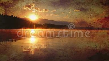 美丽的景观，在黎明时，山和湖在<strong>金色</strong>，蓝色和紫色的色调。 旧的<strong>效果</strong>。
