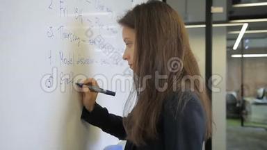 在黑板上的一个办公室里的女人用英语写课文。