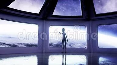 在未来派房间里的外星人。 手伸出地球星球。 UFO未来主义概念。 影院4k动画..