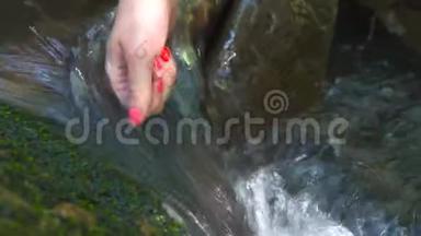 女孩用手在干净的河中摸水