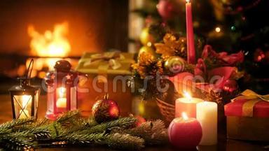 4k背景与燃烧的火棕榈，圣诞树和蜡烛在<strong>除夕</strong>夜