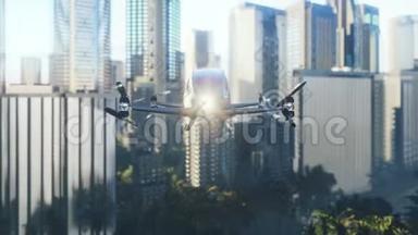一架无人驾驶无人机在<strong>阴天</strong>飞过来接乘客。 无人驾驶的空中出租车。 3D绘制