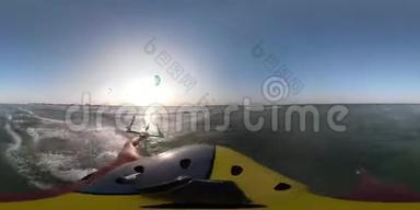 360视频黎明在海滩上，一个男人在海里风筝冲浪。