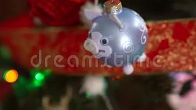 圣诞树上有圣诞灯的装饰物。 2019<strong>年猪</strong>球