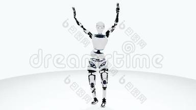 机器人Android人工智能女人跳舞。 科幻时尚机器人女孩。 可爱的机器人女人。