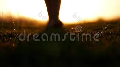 去夕阳，下角.. 腿光着脚在草地上踏着夕阳.. 旅行者`概念。