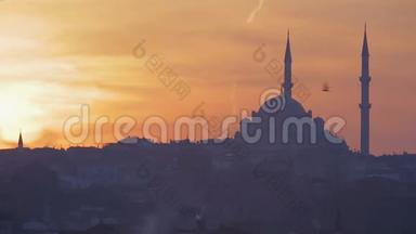 土耳其伊斯坦布尔黎明时蓝色清真寺地标，旅游景点，时间流逝
