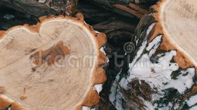 美丽的不寻常的切割<strong>树干</strong>形状的心脏与其他<strong>树干</strong>躺在外面的冬天。 薪柴