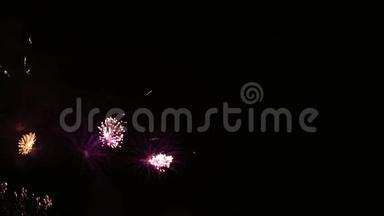 花团锦簇的烟花在夜空，在慢动作视频.. 在漆黑的夜晚，五彩缤纷的雨点般的烟火