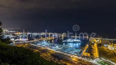 西班牙巴塞罗那，加泰罗尼亚，<strong>维多利亚港</strong>，蒙朱伊奇的夜景