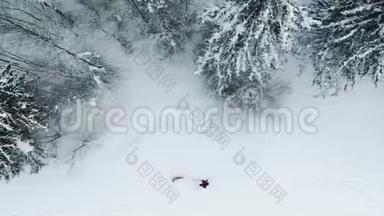 一名男子与一只狗在越野滑雪上的鸟瞰图。 空中-自然越野滑雪