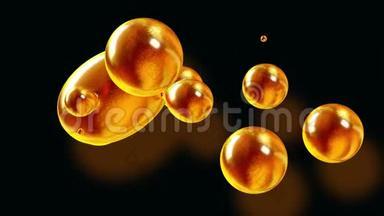 在<strong>金属</strong>球的抽象背景下，仿佛玻璃滴或<strong>装满</strong>金火花的球体融合在一起，