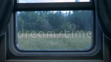 从<strong>火车车厢</strong>的窗户可以看到森林景观。 铁路旅行概念。