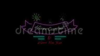 圣诞快乐&黑色背景下的新年霓虹灯标志