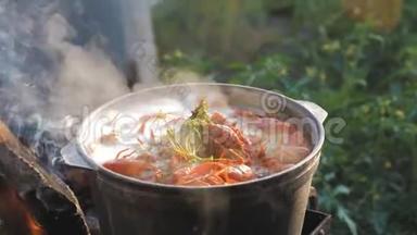 小<strong>龙虾</strong>在水中用香料和草药烹饪。 热煮小<strong>龙虾</strong>。 <strong>龙虾</strong>特写.. 上景。