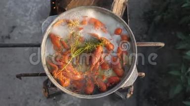 小<strong>龙虾</strong>在水中用香料<strong>和</strong>草药烹饪。 热煮小<strong>龙虾</strong>。 <strong>龙虾</strong>特写.. 上景。
