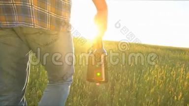 一个人走在麦田里，在炎热的日子里带着两瓶啤酒。 日落时分。 太阳透镜耀斑。 慢镜头，特写