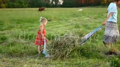 妈妈和女儿把干草从田里拿出来。 村家庭