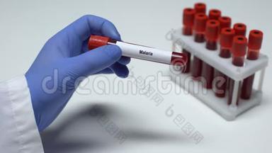 疟疾检测，医生在试管中显示血样，实验室研究，健康检查