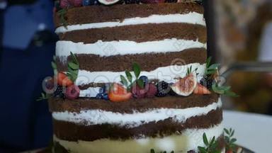 大喜庆的高巧克力蛋糕，天然浆果，特写，婚礼