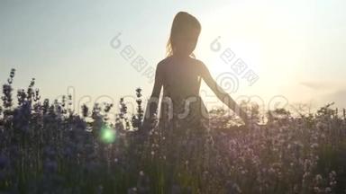 在日落时分，梦中的小女孩走在田野的花朵里。 户外活动
