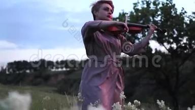 女小提琴手在草地上演奏小提琴，背景是天空、草药和鲜花。