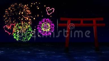 日本的红桃门。 五颜六色的烟花照亮了天空。 烟花节的景色..