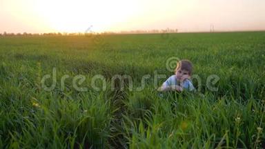 在大自然中玩耍，在橙色<strong>余辉</strong>的背景<strong>下</strong>，可爱的孩子躲在草地上