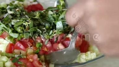 沙拉与番茄和马齿苋沙拉，沙拉与番茄在盘子混合番茄和马齿苋沙拉在沙拉盘，