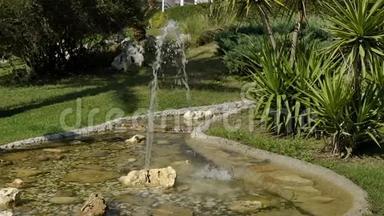 公园里有一个小喷泉，有绿树和棕榈树。 在远处看到一个水壶，水从里面出来