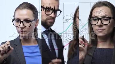 三合一视频。 男人和女人绘制各种成长图，计算现代玻璃办公室的成功前景