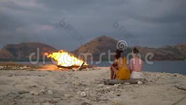 傍晚在海湾的海滩上，火在燃烧，青山在远处，两个朋友坐在一根木头上，梦见自己