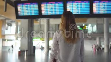 穿着休闲服的可爱女孩在一个空的机场候机楼里难过，飞机迟到了。